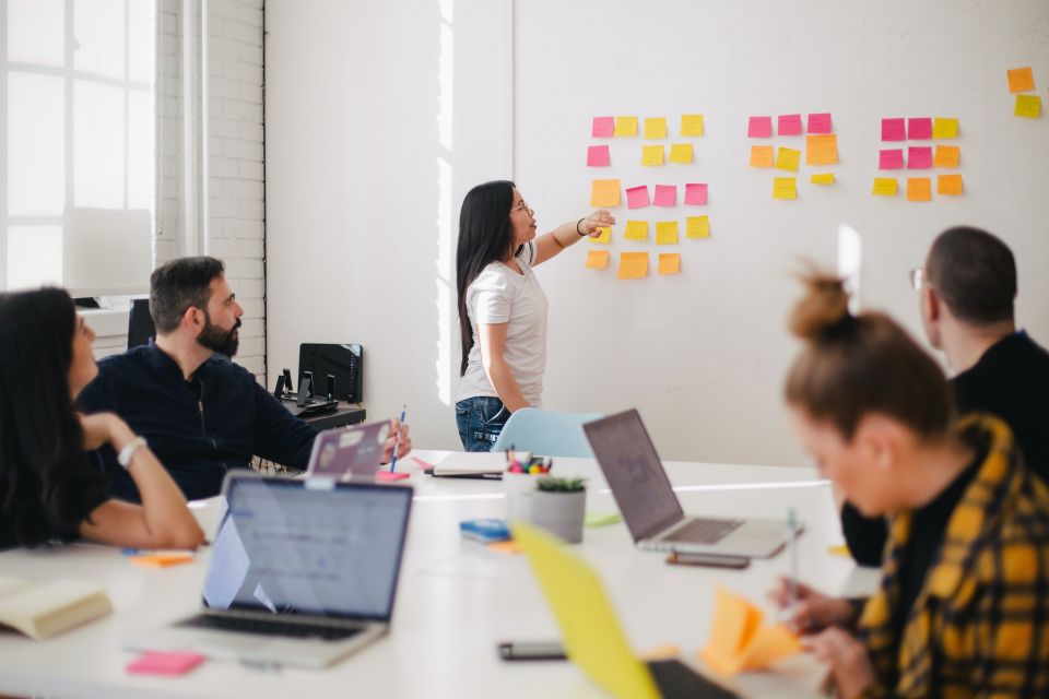 Büro mit Menschen und Klebezetteln auf Whitboard