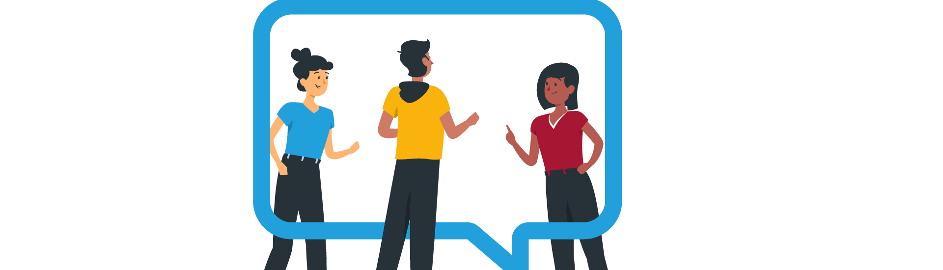 Illustration zum Leitbild 2035. Drei Personen stehen in einer Sprechblase und diskutieren. (c) Freepik Storyset