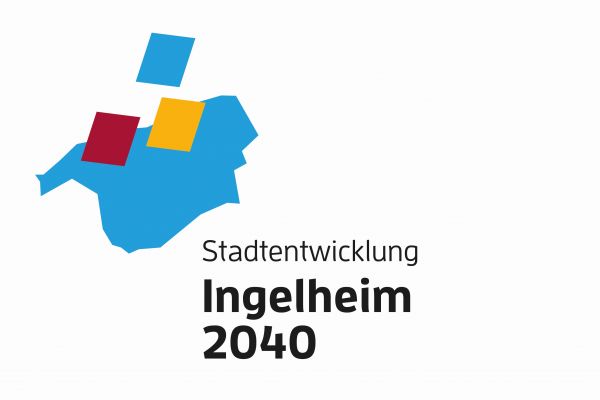 Wort-Bild Marke des Gesamtprozesses "Stadtentwicklung Ingelheim 2040", sie zeigt den Umriss des Stadtgebiets, drei farbige Rauten und den Schriftzug "Stadtentwicklung Ingelheim 2040"