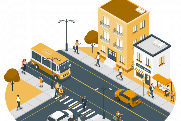 Illustration einer belebten Straßenkreuzung